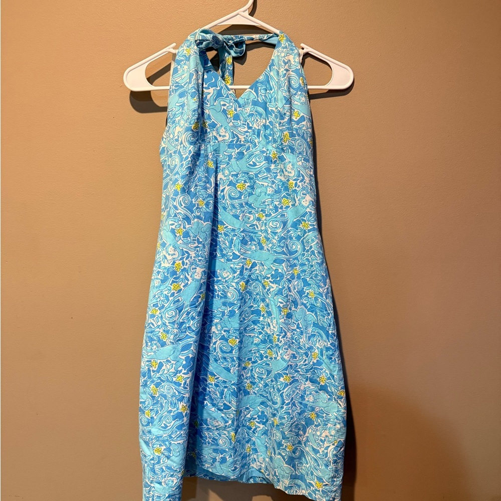 Lilly Pulitzer Candy Halter Sun Dress Blue Monkeys Flowers KISS Cook Sz 6